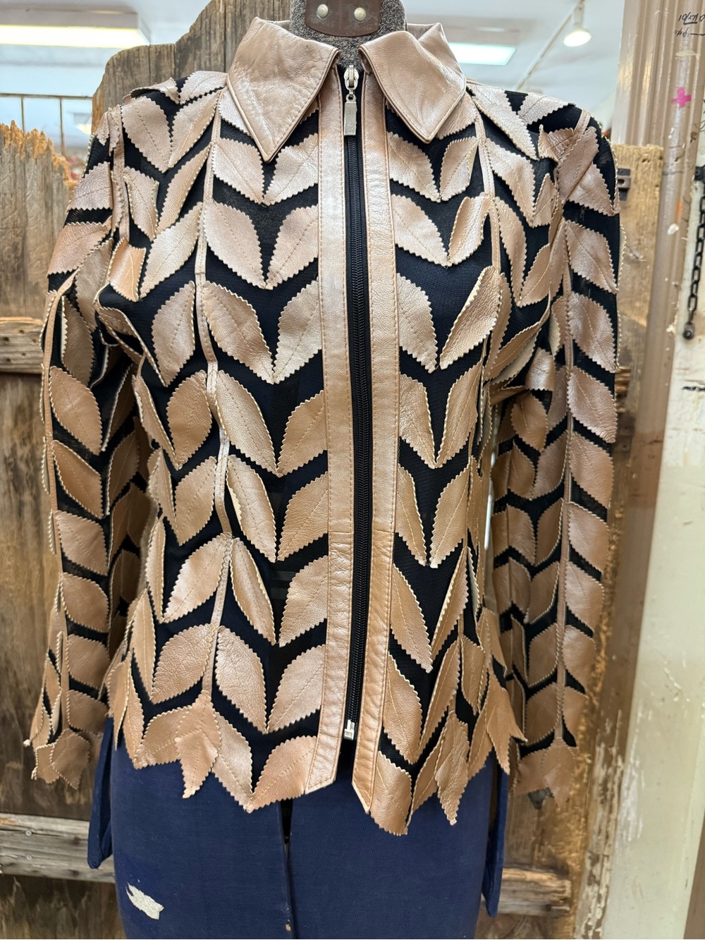 Women’s Black Leather Jacket with Taupe Leaf Applique